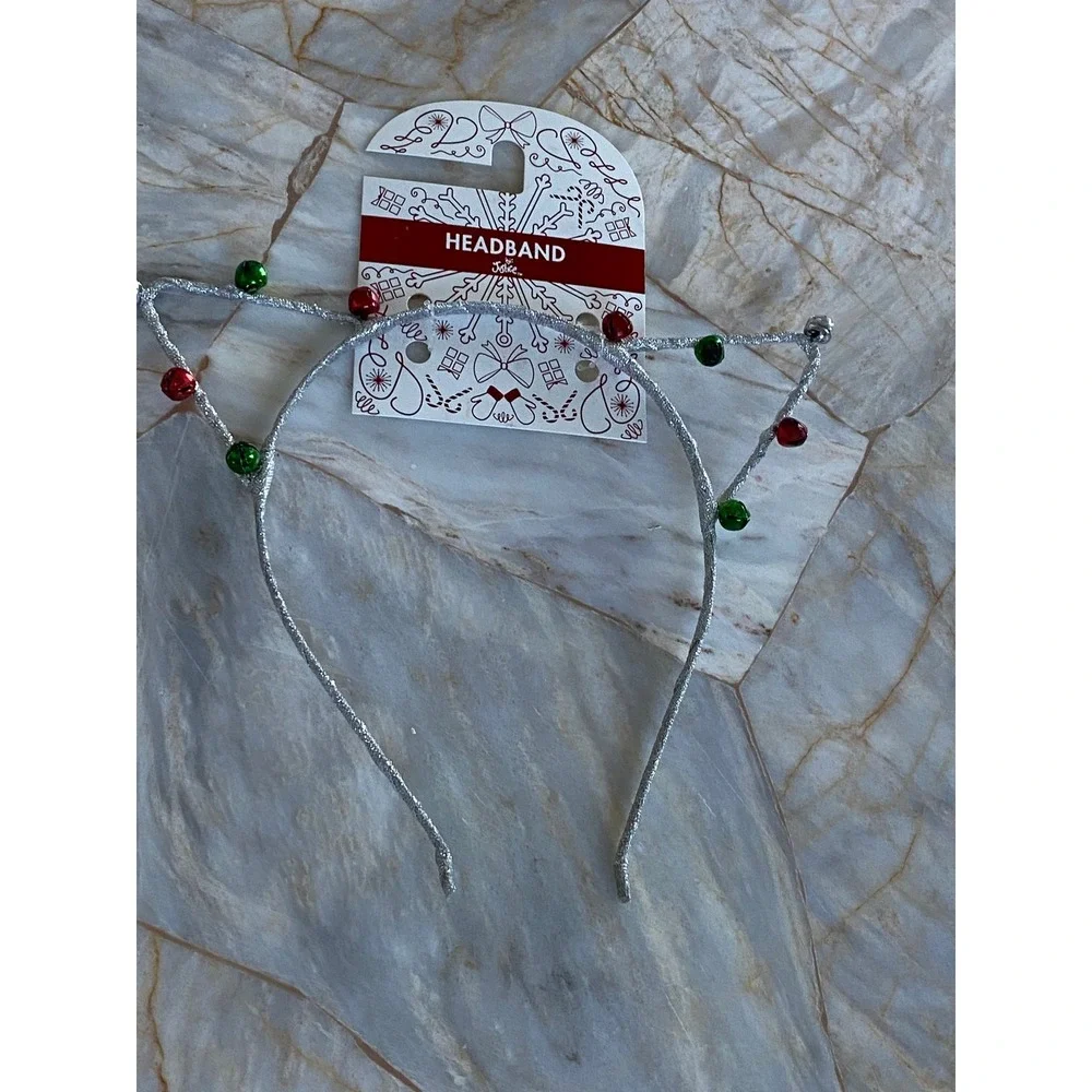 Justice Girls Silver Glitter Cat Ear Headband Red Green Holiday Jingle Bells NEW